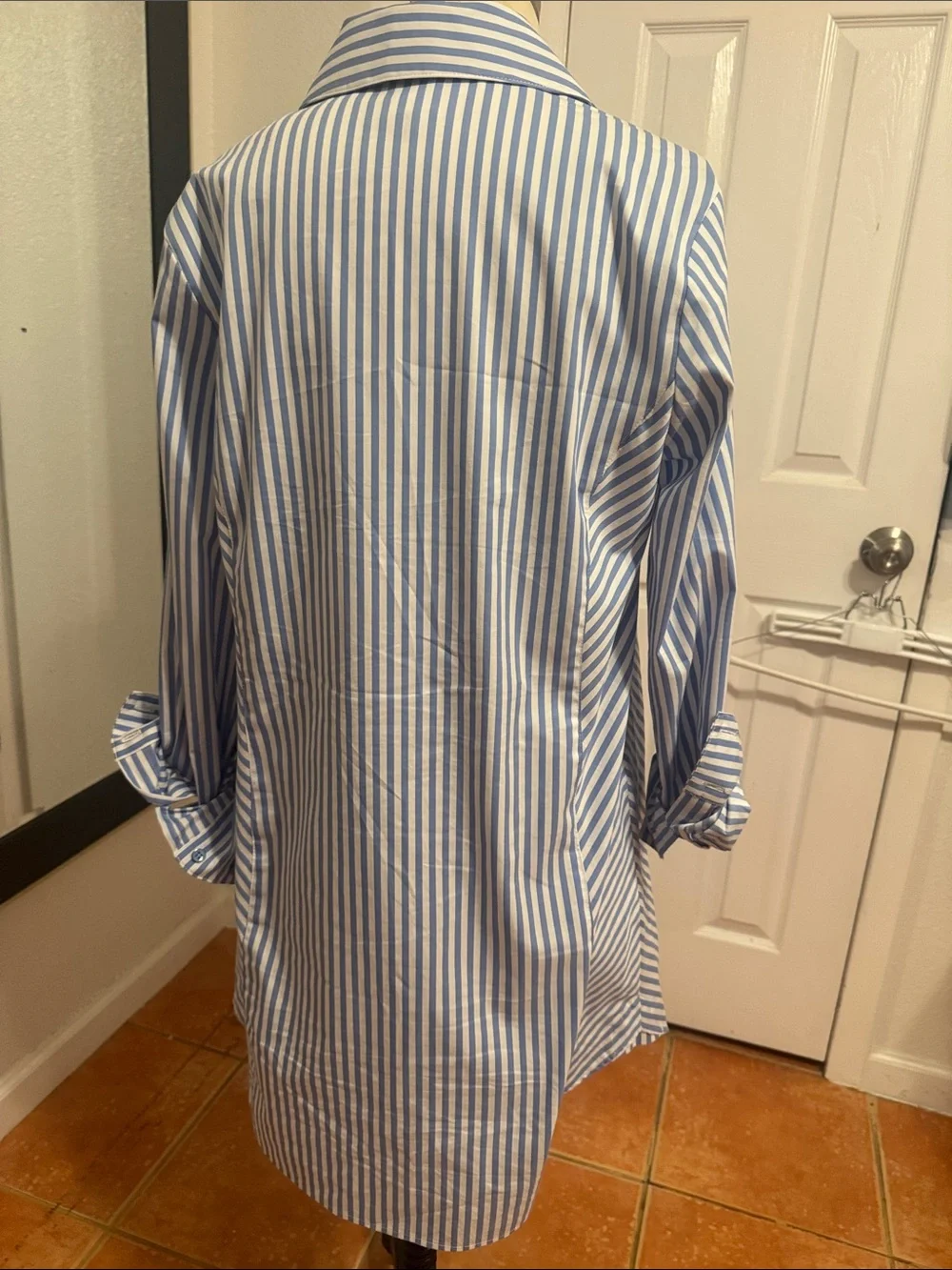 CAbi Blue and White Long-Sleeve Striped Shirt Dress